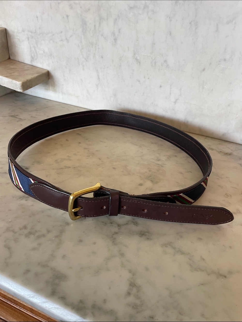 VINEYARD VINES Men's Striped Canvas Club Belt Leather Trim Brass Buckle [36] - Picture 4 of 16